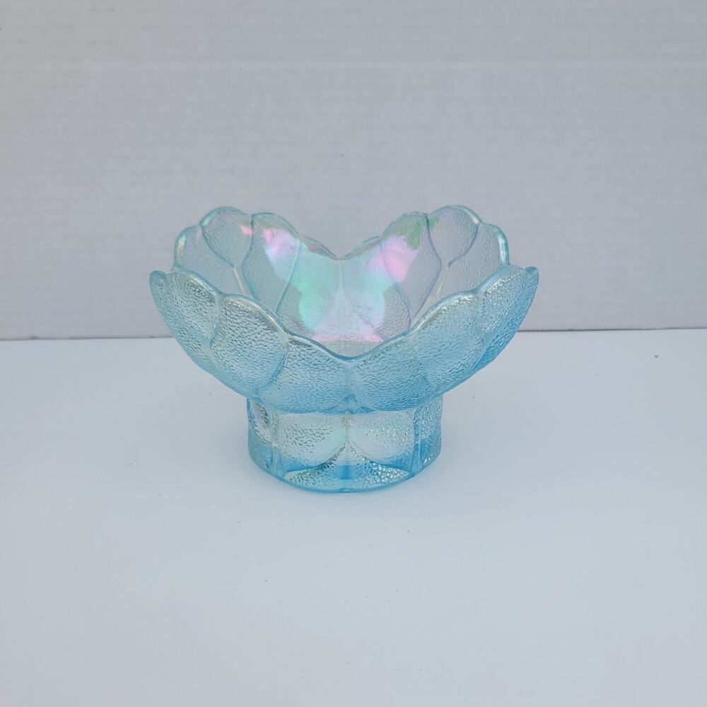 Vtg LE Smith Ice Blue Iridescent Glass Candy Dish/Candle Cabbage Leaf Pattern